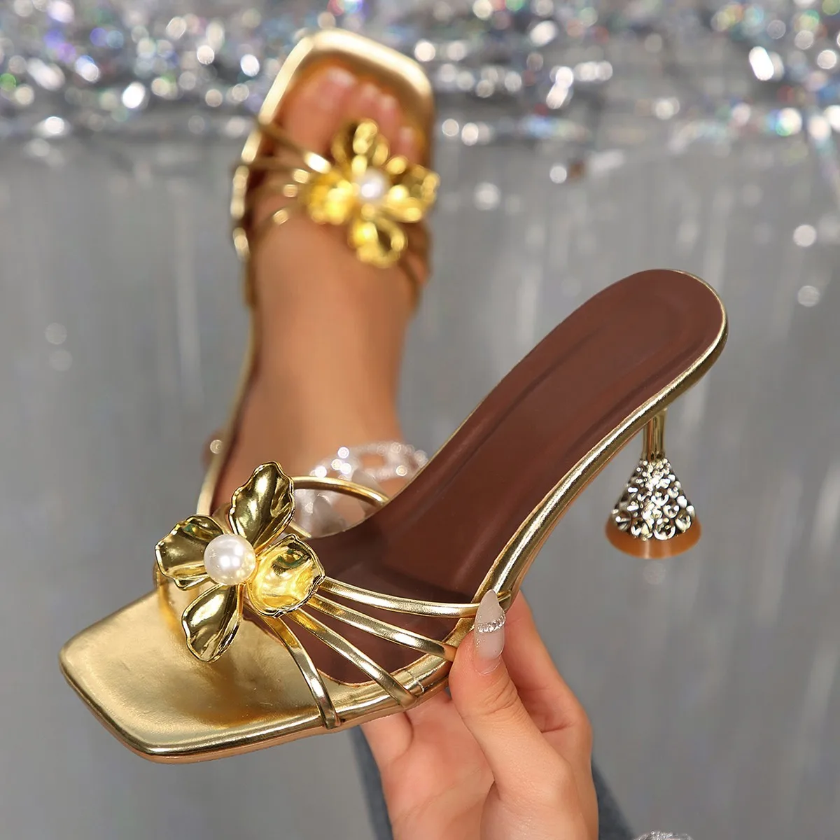 Metallic Heel Sandal - Vintage Metal Flower Crystal Cone Heel