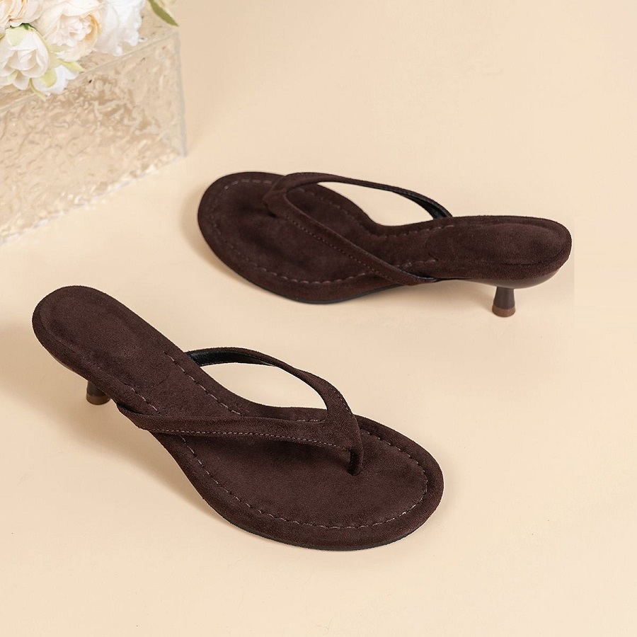 Women Shoes Mules - New Faux Suede Heeled Thong Sandals