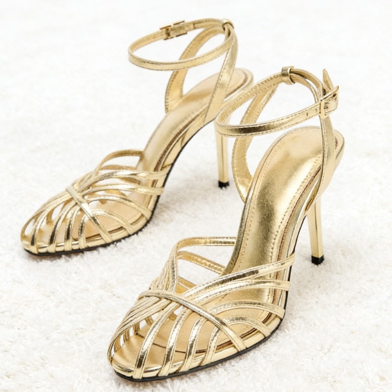 Metallic Heel Sandal - Sexy Gold Hollow Narrow Band High