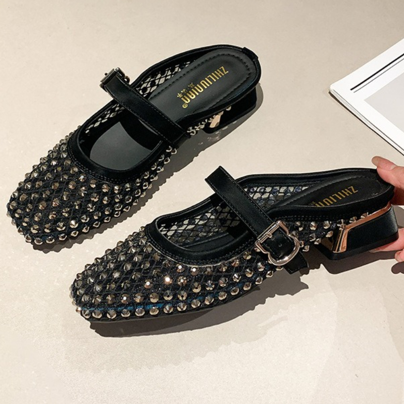 Mesh Rhinestone Chunky Heel Mu - Women Shoes Mules recension och pris